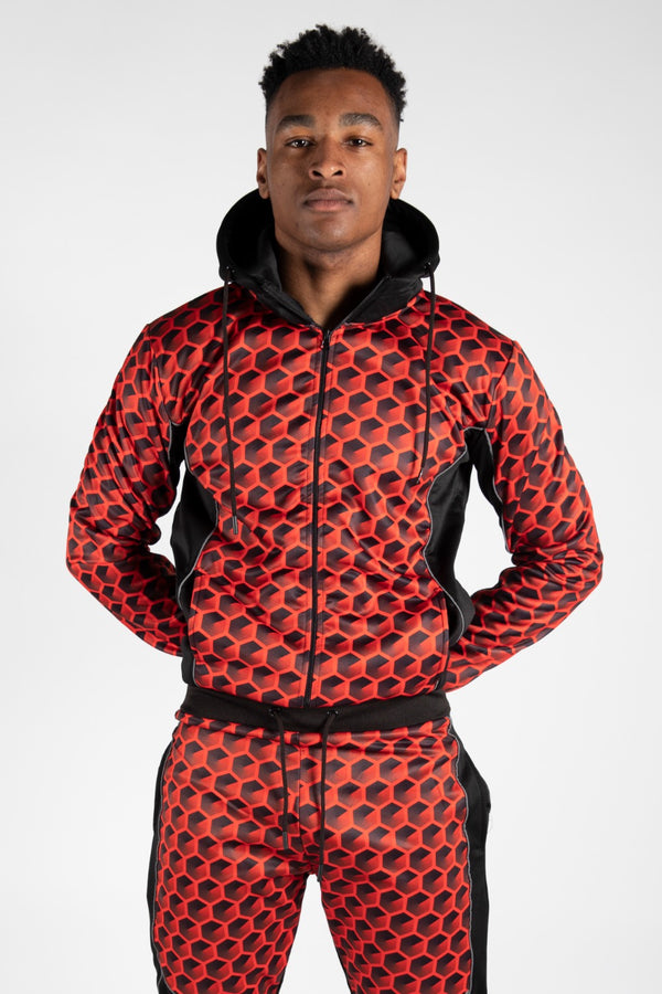 Mens Red With Black Geometric Print Skinny Tracksuit