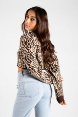 Brown Cropped LOVE Print Knit Jumper