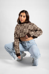Brown Cropped LOVE Print Knit Jumper