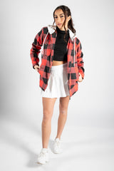 Red Check Print Shacket With Hood 