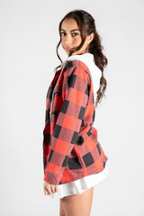 Red Check Print Shacket With Hood 