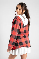 Red Check Print Shacket With Hood 