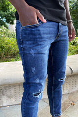 Mens Blue Washed Knee Patched Skinny Jeans