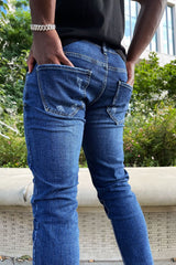 Mens Blue Washed Knee Patched Skinny Jeans