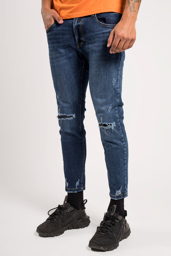 Mid Blue Wash Skinny Ripped Knee Jeans 