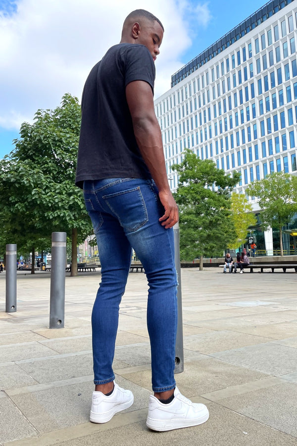 Mid Blue Wash Super Skinny Ripped Jeans