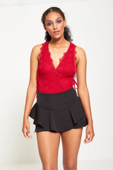 Wine Lace Mesh Side Ribbon Tie Up Bodysuit