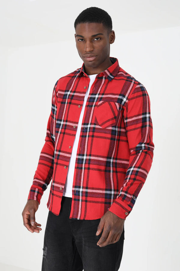 Mens Red Checked Cotton Flannel Long Sleeve Shirt