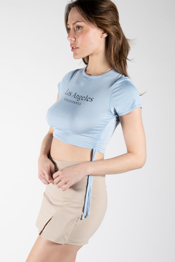 Baby Blue Los Angeles Ruched Side Crop T-shirt 