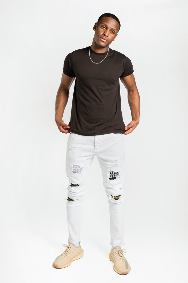 Mens White Distressed Slogan Slim Jeans 