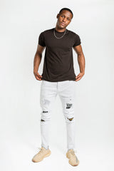 Mens White Distressed Slogan Slim Jeans 