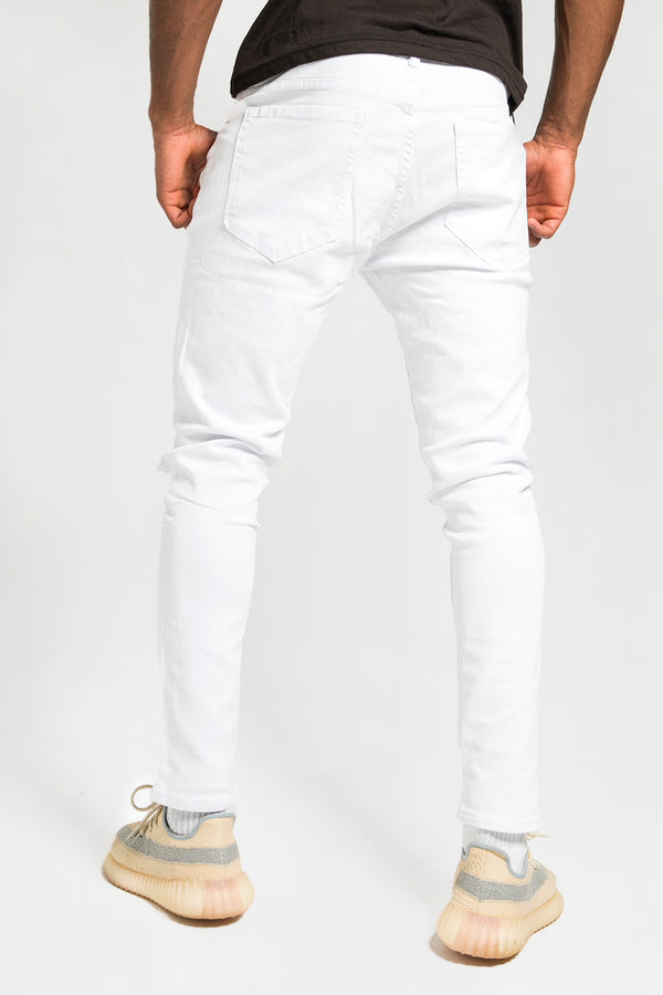 Mens White Distressed Slogan Slim Jeans 