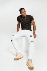 Mens White Distressed Slogan Slim Jeans 