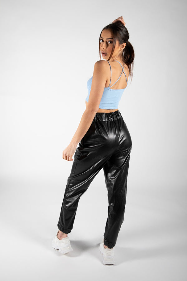 Black Faux Leather Drawstring Jogger