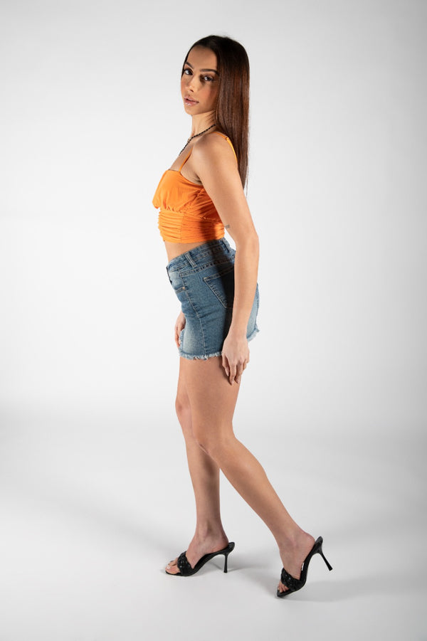 Orange Slinky Ruched Spaghetti Strap Crop Top