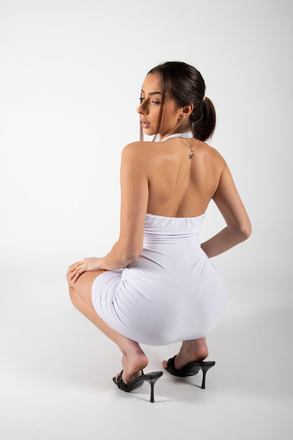 White Slinky Cross Front Backless Halter Mini Dress 