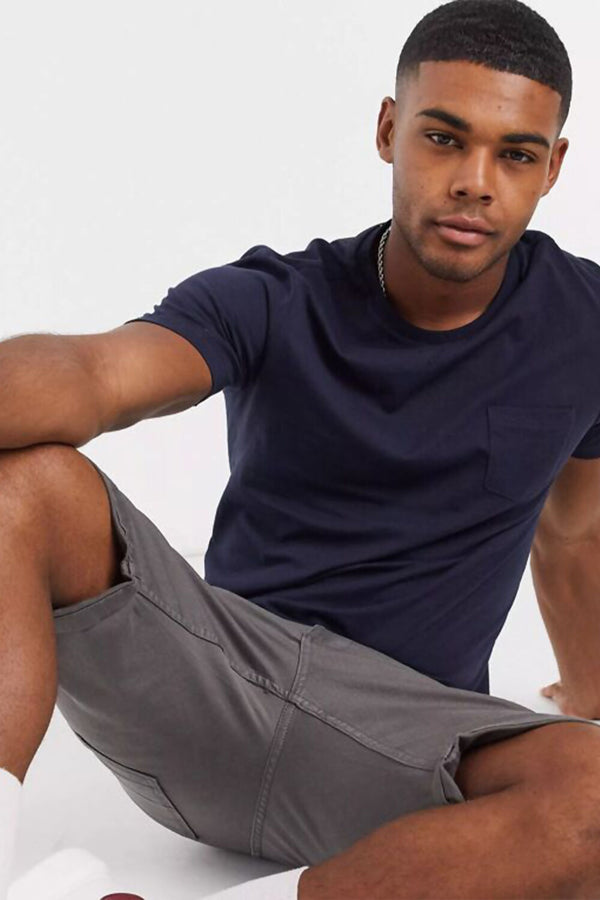 Navy Ribbed Pocket Detail Crew Neck T-shirt-Copy