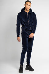 Mens Navy Velvet Biker Ribbed Padding Skinny Fit Tracksuit