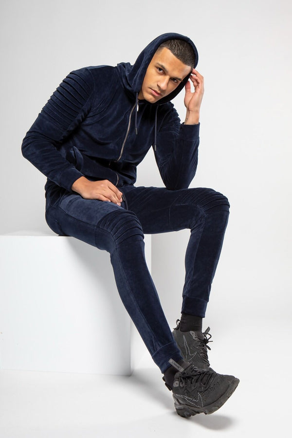 Mens Navy Velvet Biker Ribbed Padding Skinny Fit Tracksuit