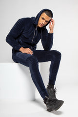 Mens Navy Velvet Biker Ribbed Padding Skinny Fit Tracksuit
