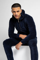 Mens Navy Velvet Biker Ribbed Padding Skinny Fit Tracksuit
