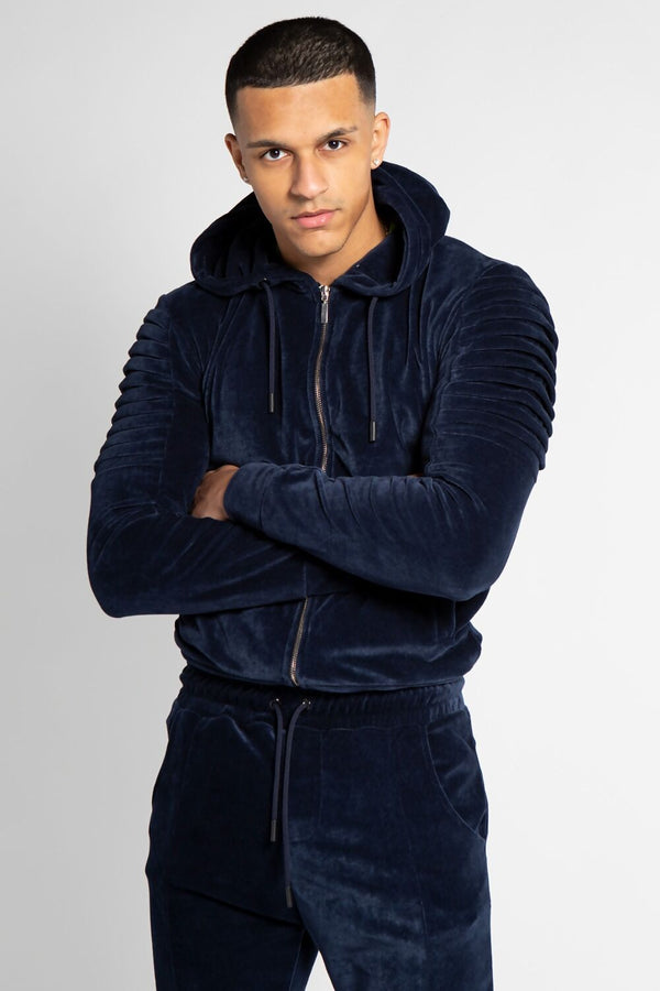 Mens Navy Velvet Biker Ribbed Padding Skinny Fit Tracksuit