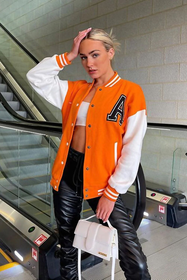 Orange Letter Patched Contrast Sleeve Varsity Jacket