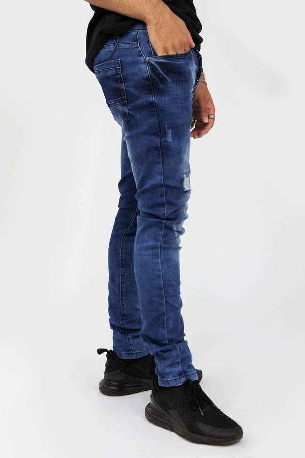 Petrol Blue Distressed Slim Fit Jeans 