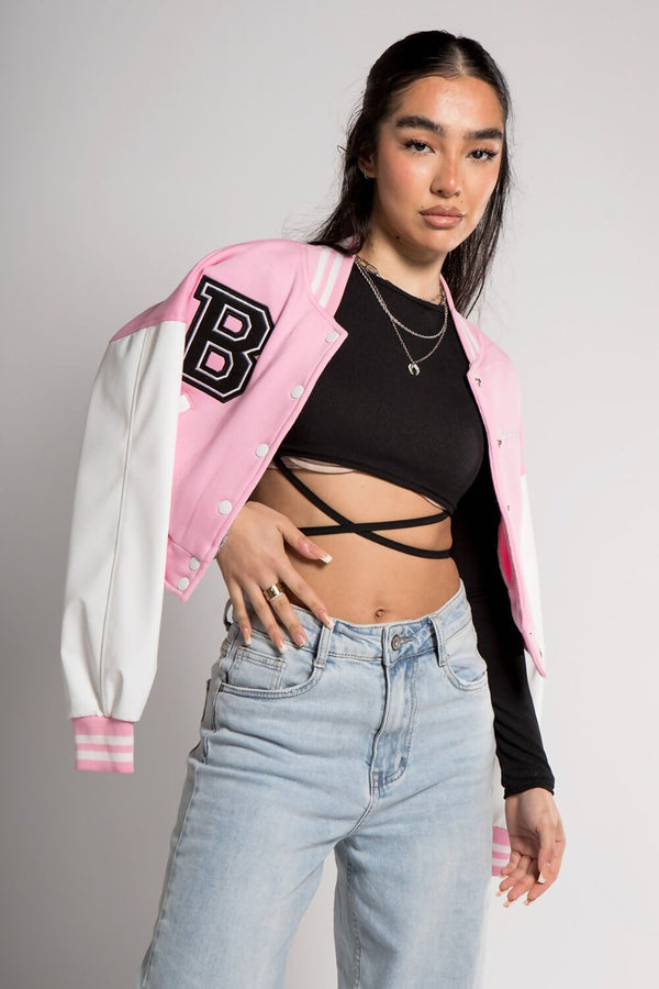 Pink Cropped Contrast Sleeve Varsity Jacket