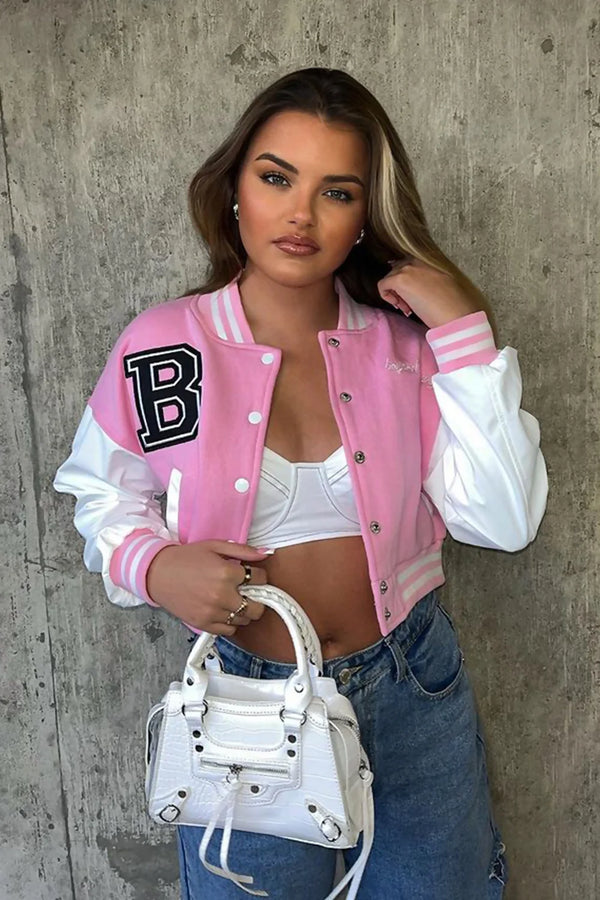Pink Cropped Contrast Sleeve Varsity Jacket
