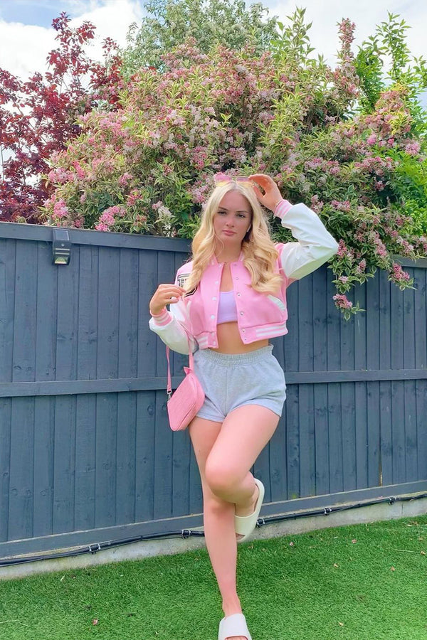 Pink Cropped Contrast Sleeve Varsity Jacket