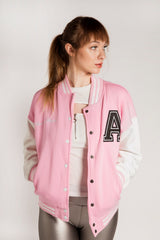 Pink Contrast Sleeve Letter A Varsity Jacket