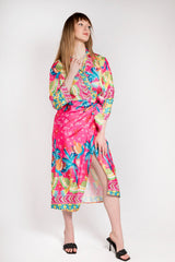 Pink Floral Satin Wrap Midi Dress