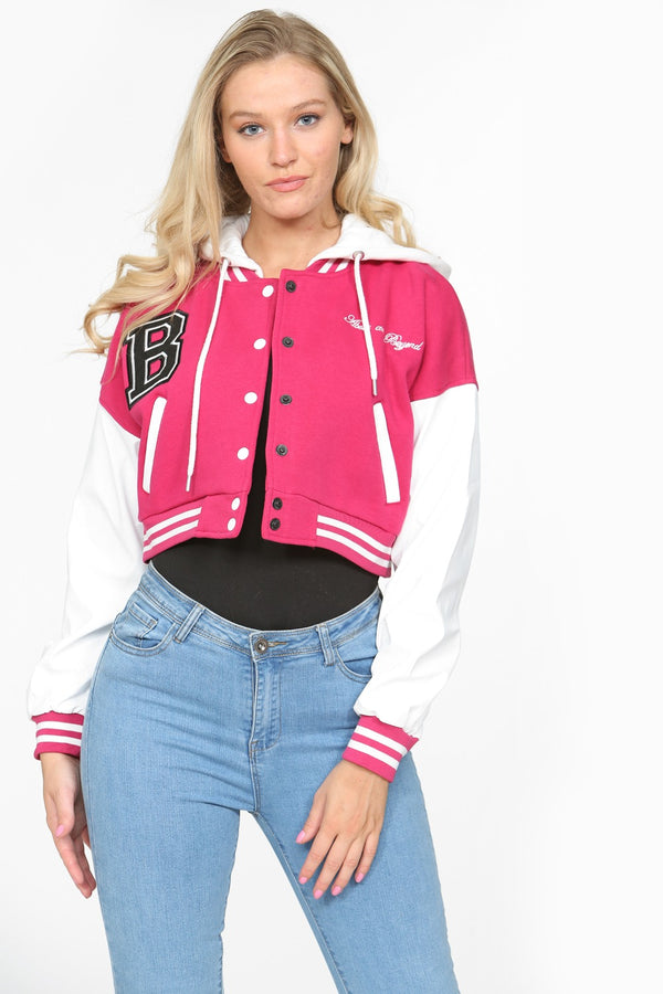 Hot Pink Hooded Contrast Sleeve Letter A Varsity Jacket