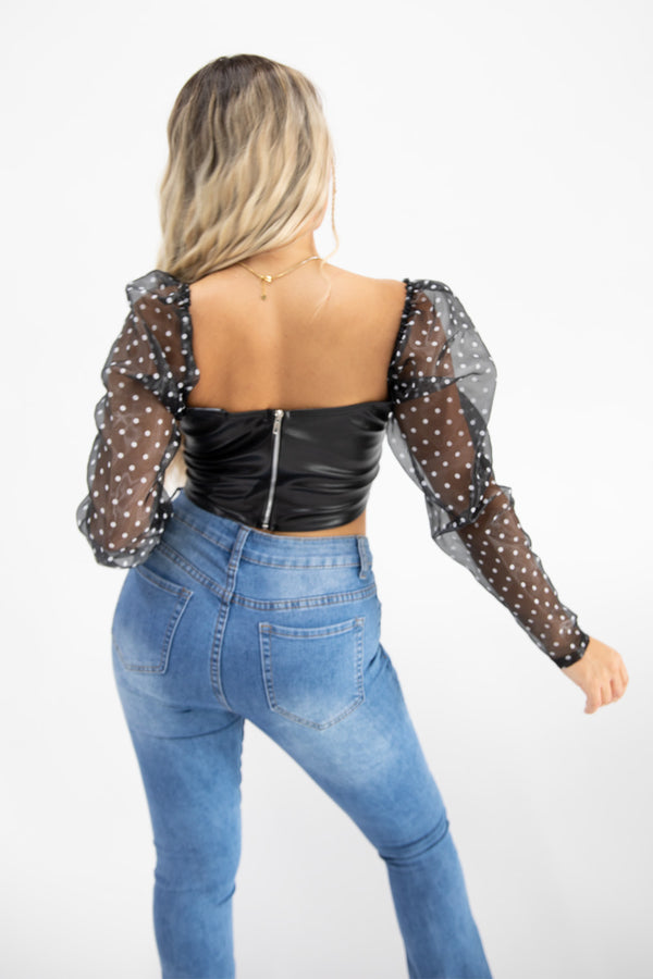 Black Sheer Polka Dot Mesh Sleeve Leather PU Crop