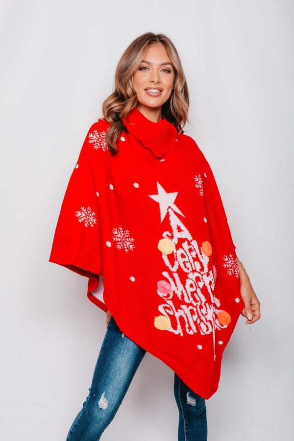 Red Pom Pom Merry Cape Christmas Poncho