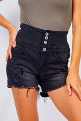 Black Wash Denim High Waist Button Detail Shorts