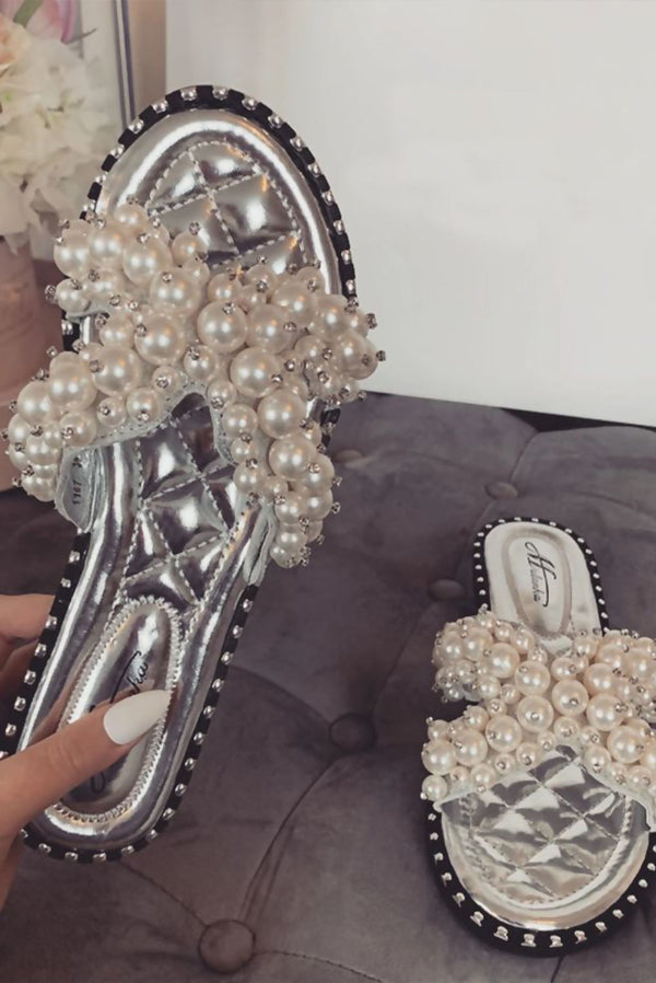 Silver Pearl Embellished Slip On Sandals