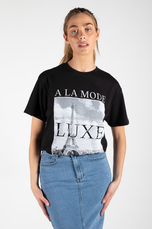 Black Oversized Paris Graphic Print T-Shirt