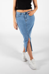 Blue Denim Midi Split Front Denim Skirt