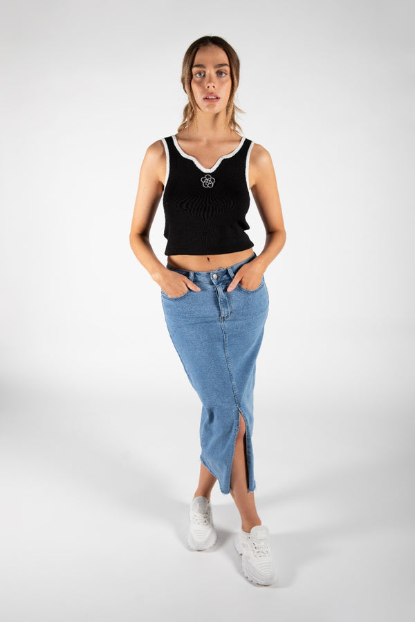 Blue Denim Midi Split Front Denim Skirt
