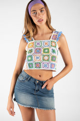 Lilac Pastel Floral Crochet Cropped Tank Top 