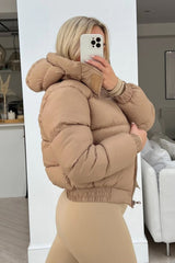 Beige Short Zipper Up Hooded Puffer Coat
