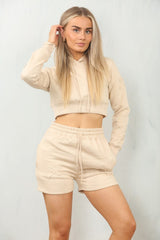 Beige Crucifix Embroidered Cropped Hoodie Shorts Set