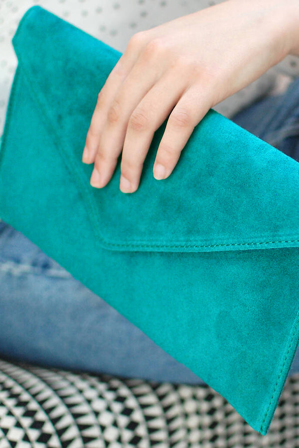Turquoise Suede Envelope Clutch Bag