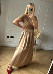 Beige Short Sleeve Maxi Dress with Gathered Waist
