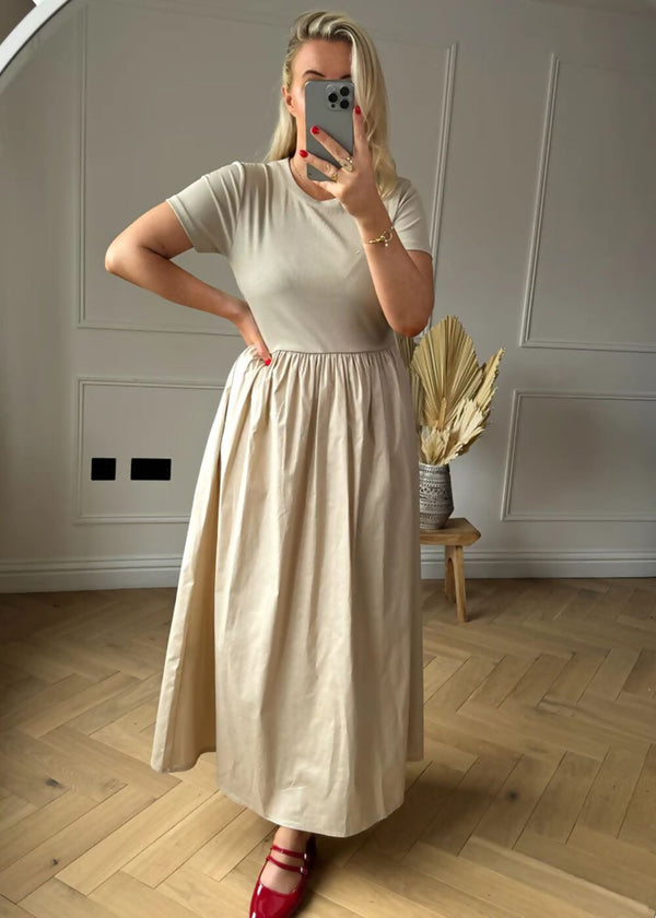 Beige Short Sleeve Maxi Dress with Gathered Waist