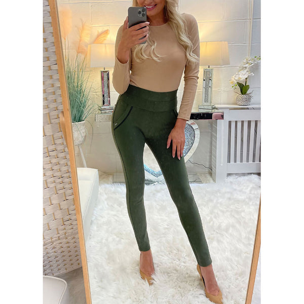 Khaki High Waist Double Band Pocket Jeggings
