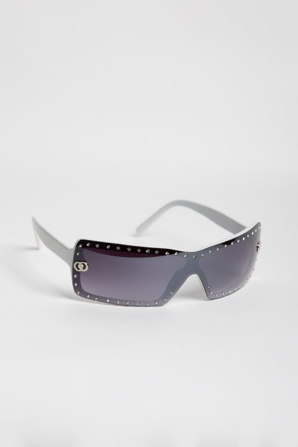 White Rhinestone Square Frame Sunglasses 