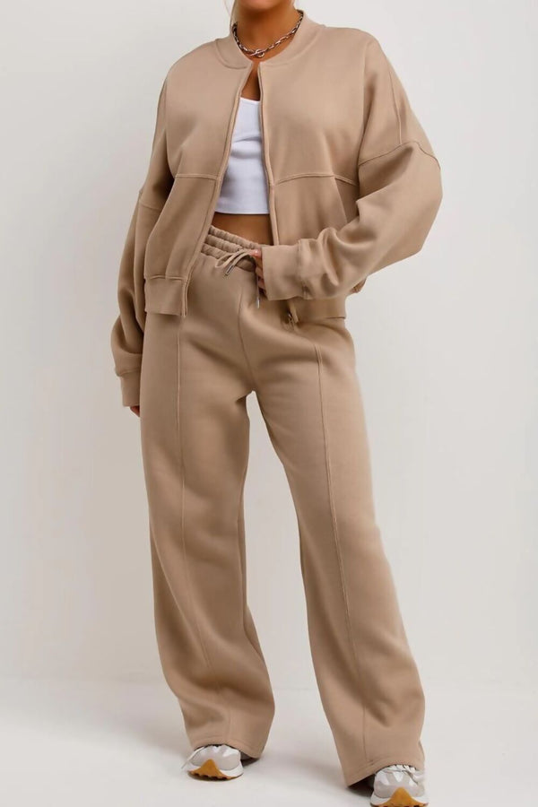 Beige Bomber Sweatshirt With Zip And Joggers Loungewear Set